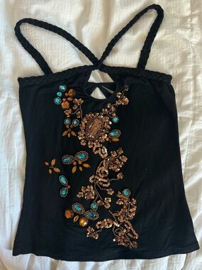 Black Embellished Strappy Tank Top with Turquoise Accents